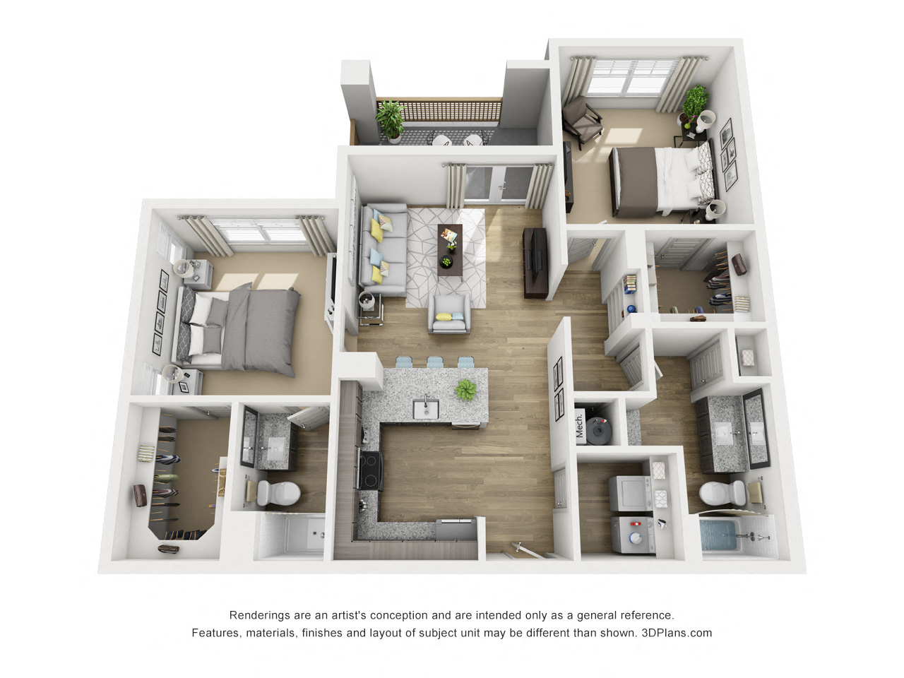 Floor plan for 2 beds, 2 baths, 1015 sqft